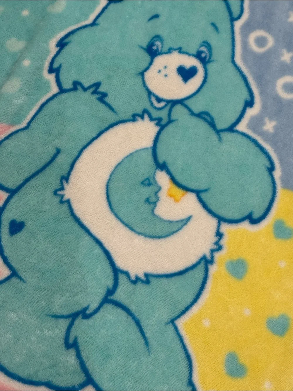 🐻💙VTG Care Bears Bedtime Bear Pink Yellow & Blue Print Plush Baby Throw Blanket